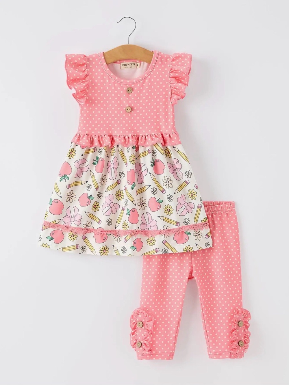 Rylee Faith Back To School Apple Pencil Polka Dot Dress Leggings Set